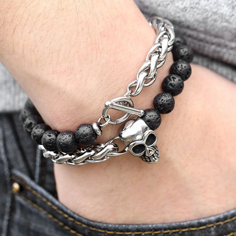 Skull Charm Bracelets for Men Stainless Steel Double Layered Wheat Link Black L