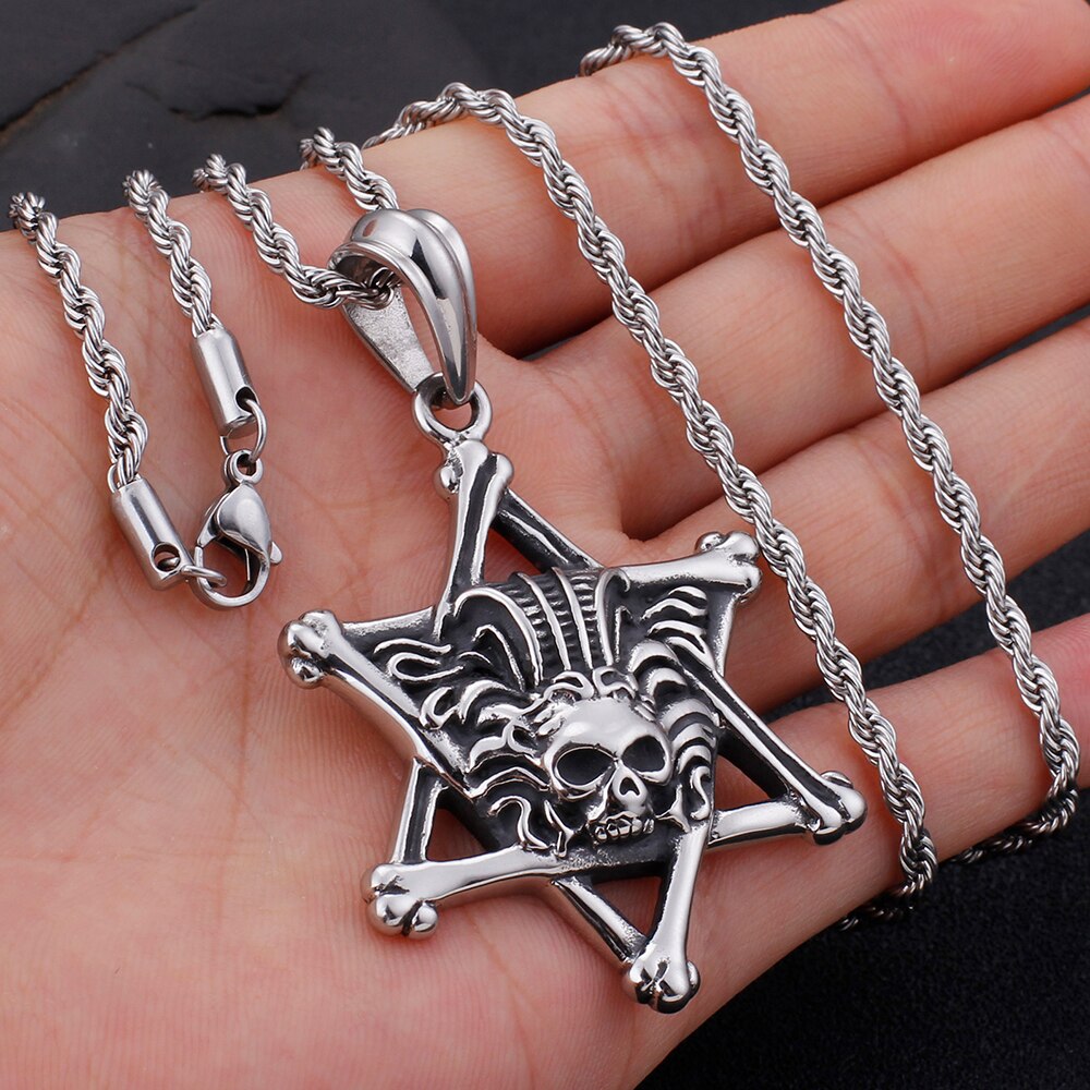 Rocker Gothic Skull & Star Necklace Men 60CM Long Chain