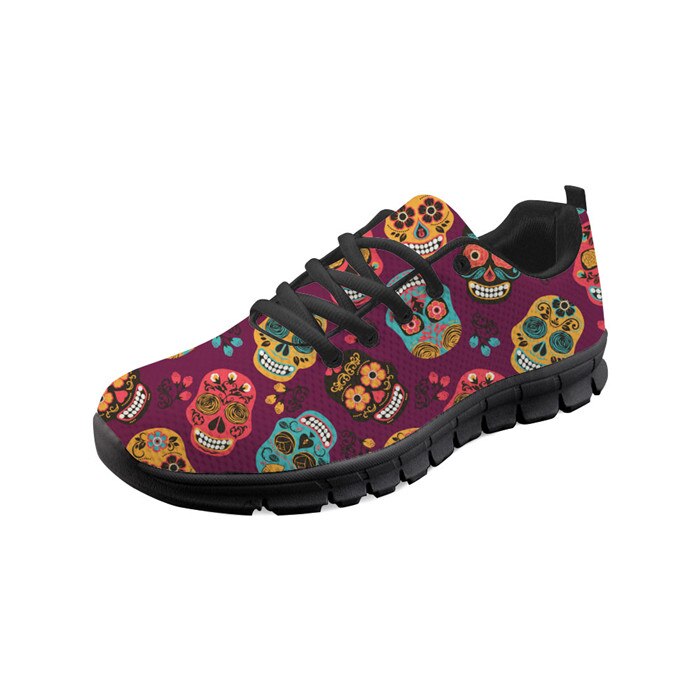Women Flats Shoes Sugar Skull Calavera Pattern Lace Up Sneakers Running Shoes