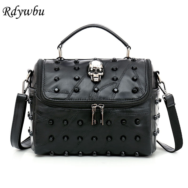 Women Real Split Sheep Leather Messenger Bag Rivet Skull