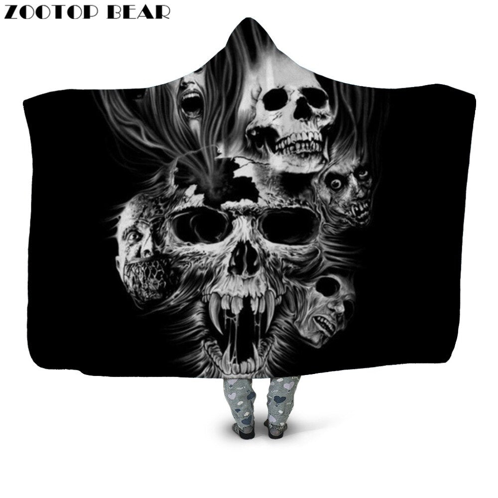 Skulls Hooded Blanket Black Dark Sherpa Fleece Wearable Throw Blanket