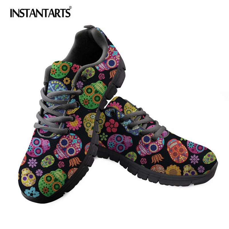 Classic Sugar Skulls Printing Women Lace Up Flat Shoes Summer