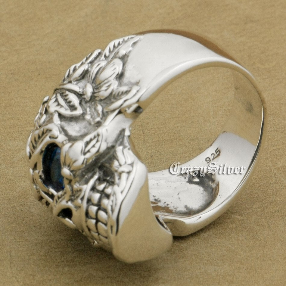 925 Sterling Silver Flower Skull CZ Eyes Mens Biker Rocker Punk Ring US Size 7~15