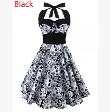 2019 Plus Size Women Floral Skull Print Off Shoulder Halter Dress