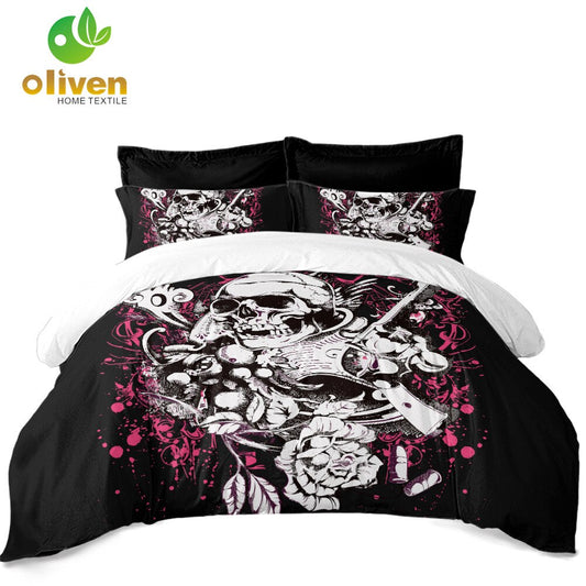 Sugar Skull Bedding Set Hot Pink Flower With Pistol Duvet Cover