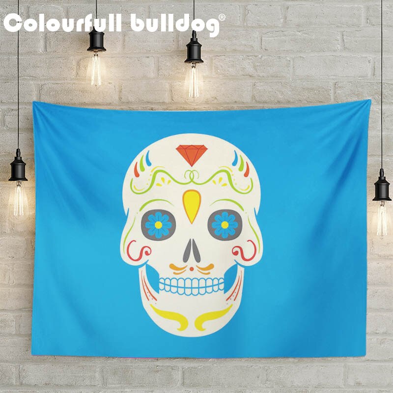 Cartoon Mexican Sugar Skull Tapestry Hanging Red Orange Flowers Wall Blankets