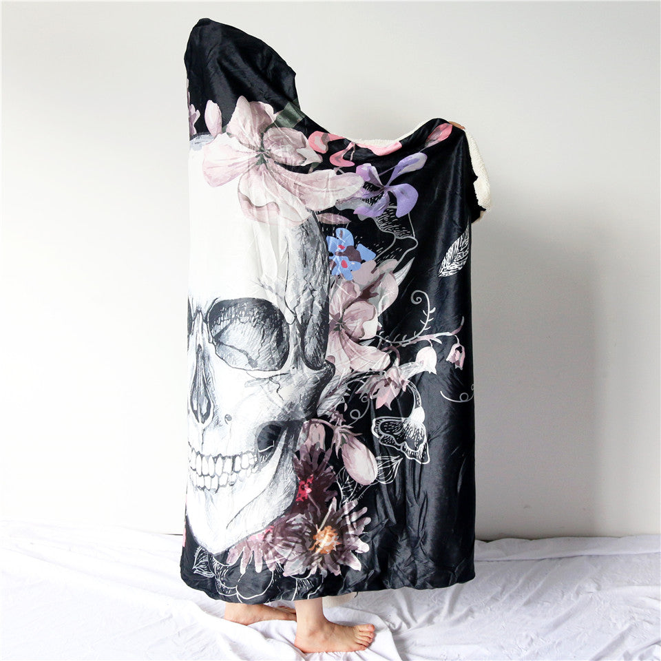 Sugar Skull Flower Hooded Blanket for Adults Floral Gothic Sherpa Fleece Wearable Throw Blanket Microfiber Black