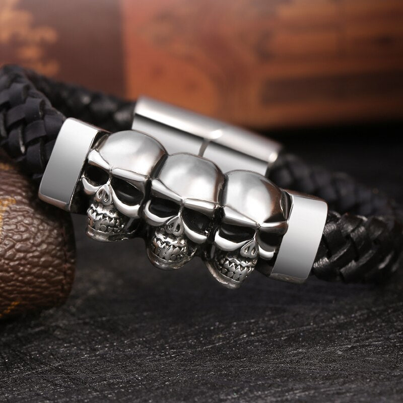 Stainless Steel Leather Bracelets & Bangles Double Black