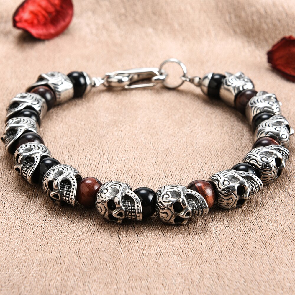 Natural Stone Skull Beads Bracelet Men Gothic Gold Stainless Steel