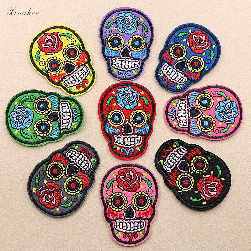 9pcs/lot Punk Rock Skull Embroidery Patches Various Style Flower Rose Skeleton Iron On Biker Patches Clothes Stickers Applique