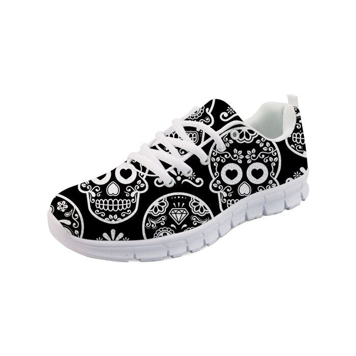 Women Flats Shoes Sugar Skull Calavera Pattern Lace Up Sneakers Running Shoes