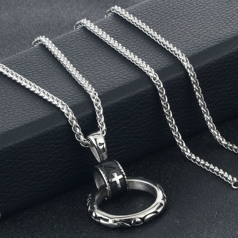 Male Stainless Steel Link Chain Round Circle Cross Pendant Necklace