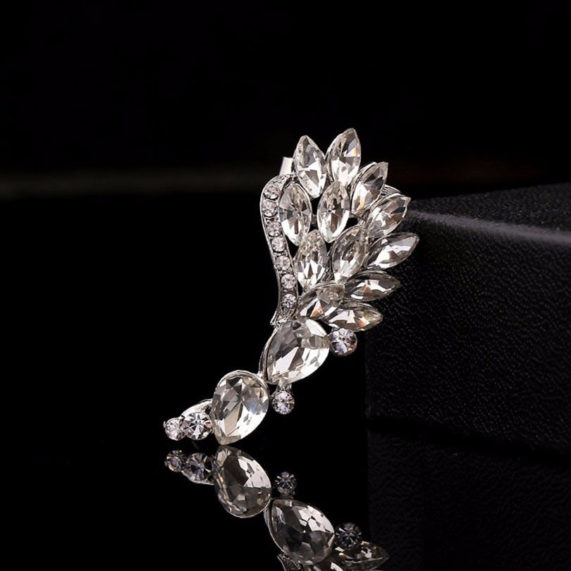 Fashion Popular Women Full Rhinestones Wing Ear Cuff Feather Gold Silver Plated Big Zircon Earcuff Clip Earrings