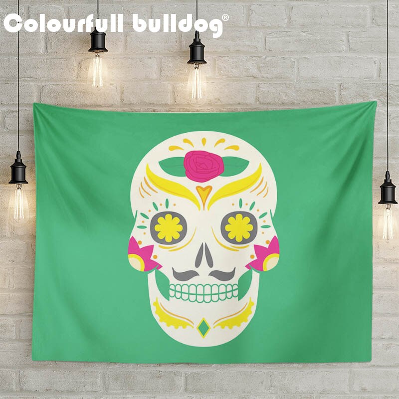 Cartoon Mexican Sugar Skull Tapestry Hanging Red Orange Flowers Wall Blankets