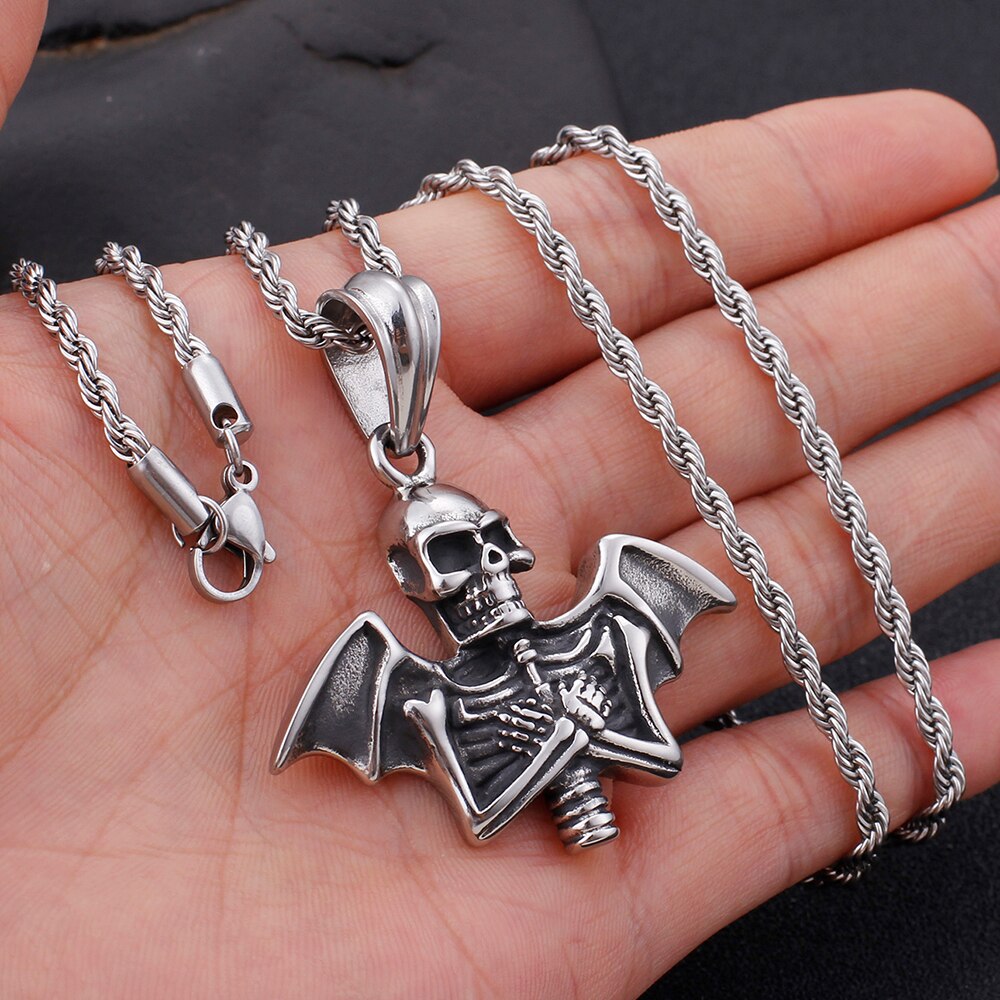 Cool Stainless Steel Men Necklace Bat & Skull Pendant Necklace