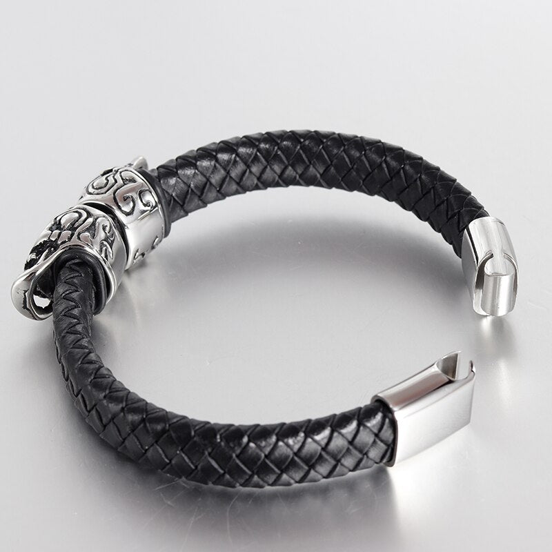 Punk Genuine Leather Bracelet Bangle Double Skull Charm Bracelet
