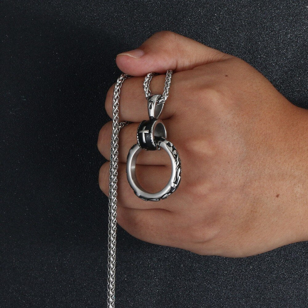 Male Stainless Steel Link Chain Round Circle Cross Pendant Necklace