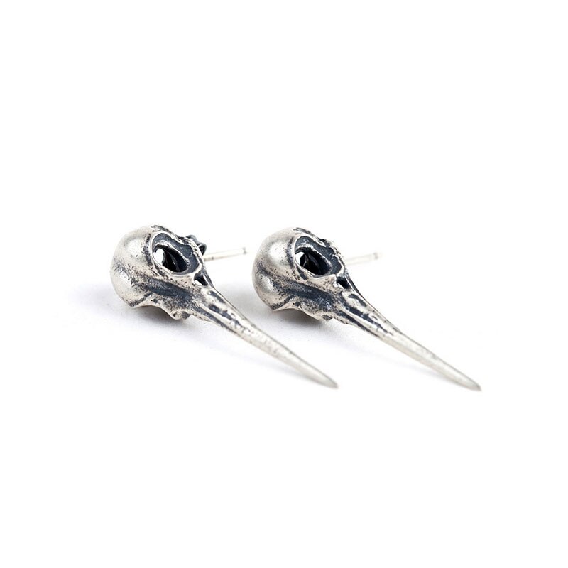 1Pair Unique Vintage Silver Hummingbird Skull Earrings Studs Black