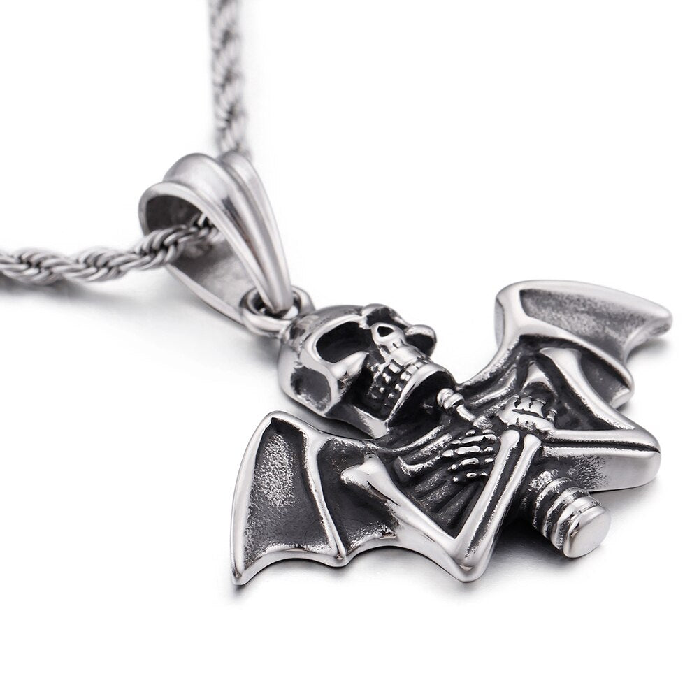 Cool Stainless Steel Men Necklace Bat & Skull Pendant Necklace