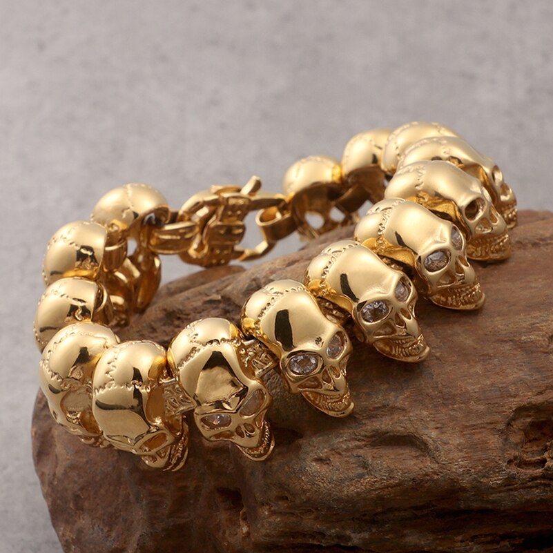 Gothic Skull Bracelet For Biker Rocker Vintage Golden