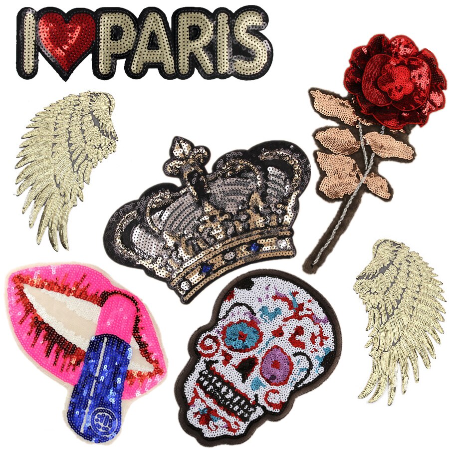 1PCS Hot Big Patches Shine Sequin 3D Sticker Stickers Wings Rose Embroidery Motif Applique Garment Kids Women