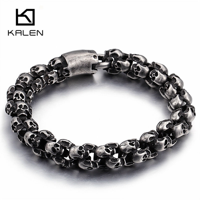 Punk Long Matte Skull Necklace & Bracelets For Men Stainless Steel