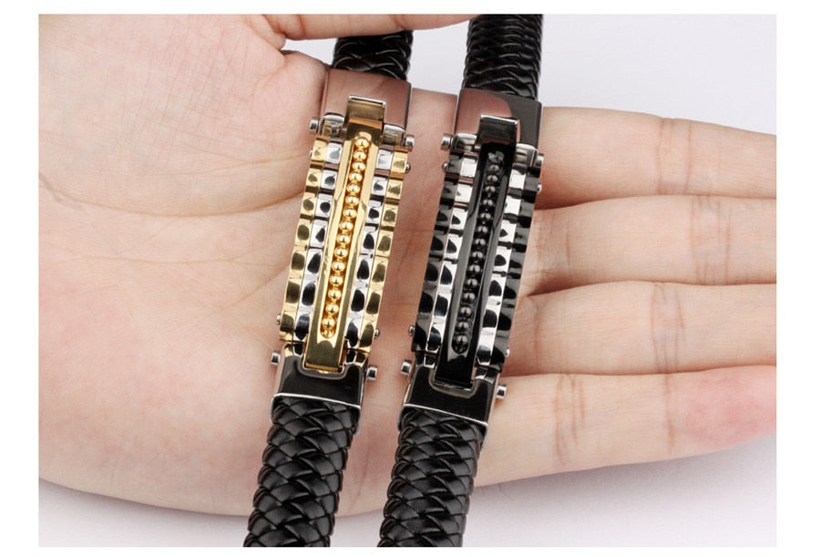 Black Leather Bracelet Men Charm Bangle Stainless Steel
