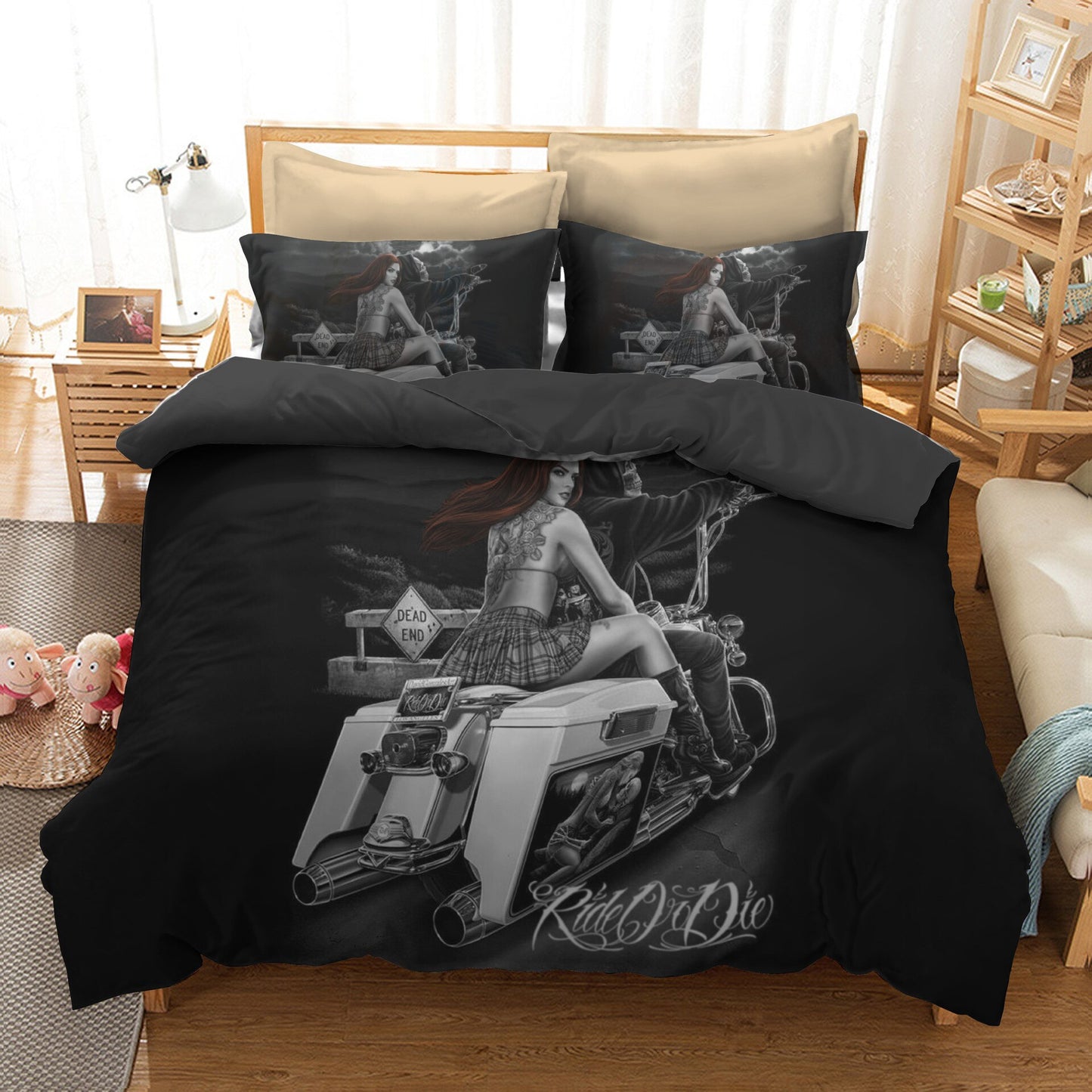New 3D Black Motorcycle kiss Sugar Skull Printed Duvet Cover