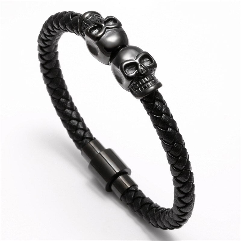 skull bracelet men/Genuine leather/Skeleton/Skull/bracelet homme Black