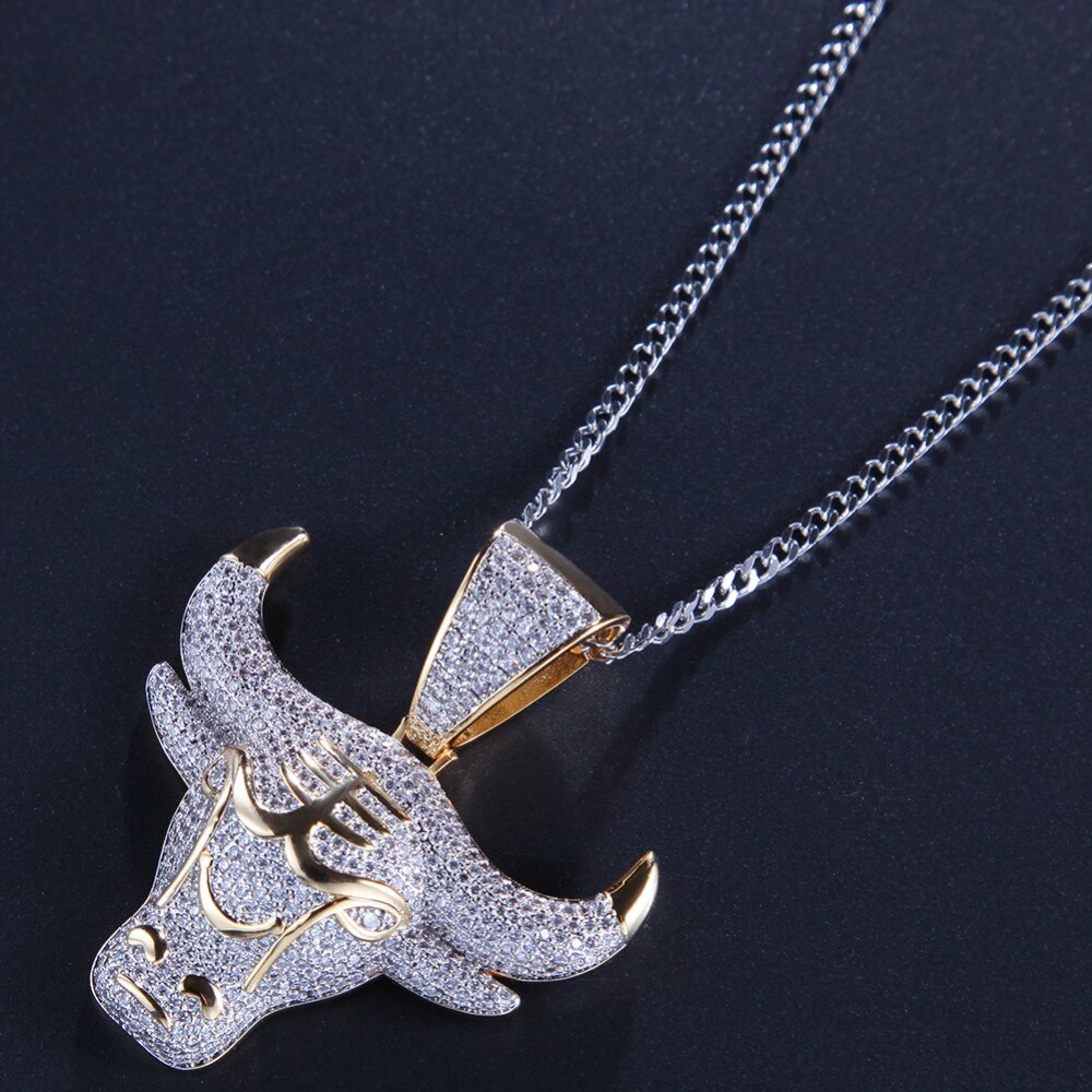 Charm King Bull Iced Out Pendant With Round Cut 4mm Tennis Chains