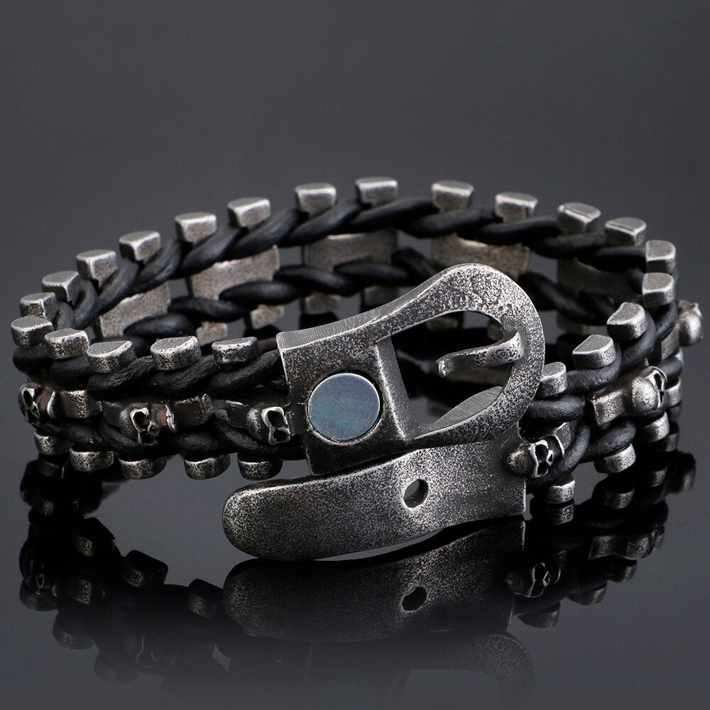 Skull Bracelets For Men Stainless Steel Gothic Ghost Head Leather