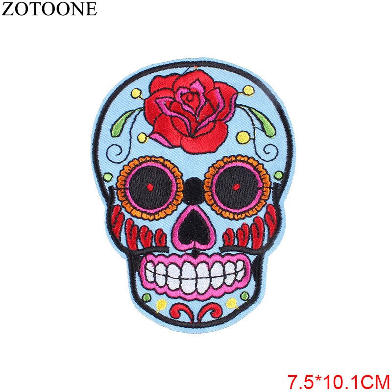 Punk Rock Skull Embroidery Patches For Clothing Flower Rose Skeleton Iron