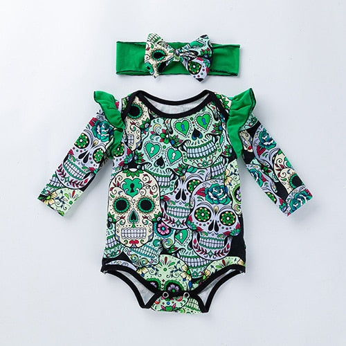 Set of 2 pcs: Baby Girl Boy Bodysuit Long Sleeve Skull Print Newborn Infant Suit & Headband