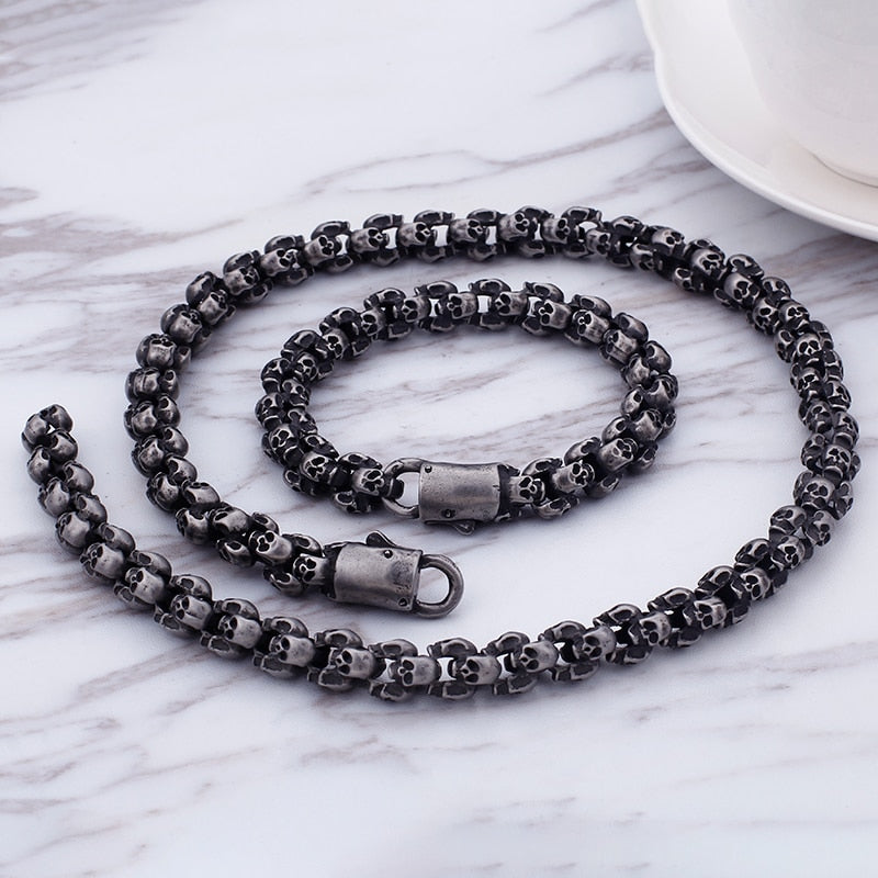 Punk Long Matte Skull Necklace & Bracelets For Men Stainless Steel