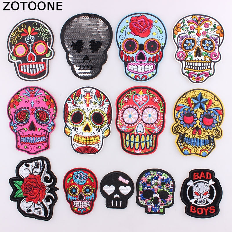 Punk Rock Skull Embroidery Patches For Clothing Flower Rose Skeleton Iron