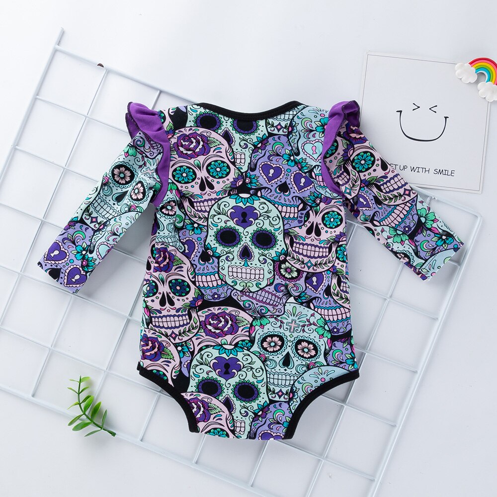 Set of 2 pcs: Baby Girl Boy Bodysuit Long Sleeve Skull Print Newborn Infant Suit & Headband