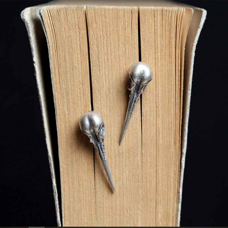 1Pair Unique Vintage Silver Hummingbird Skull Earrings Studs Black