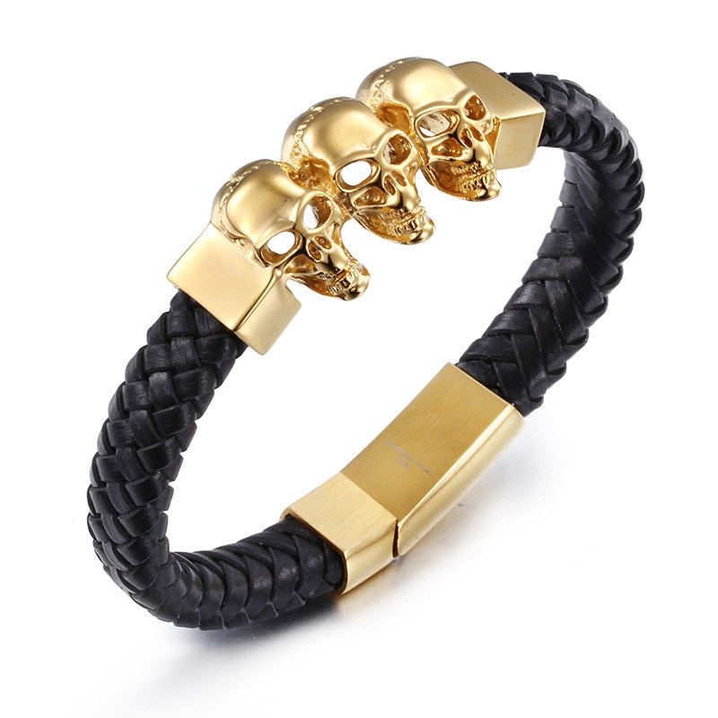 new punk Style Stainless steel skull genuine leather