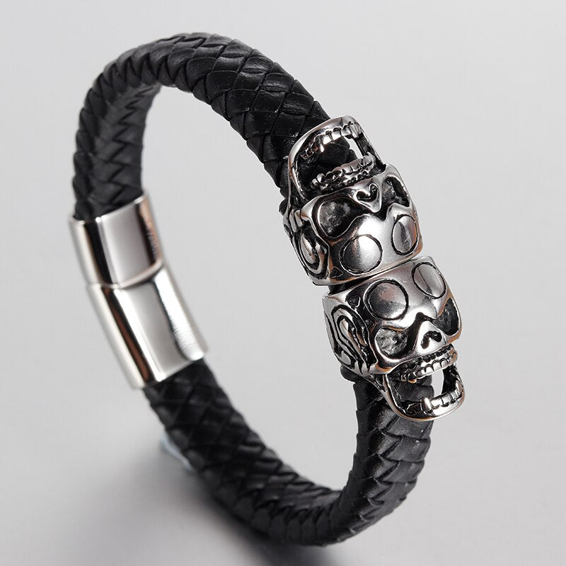 Punk Genuine Leather Bracelet Bangle Double Skull Charm Bracelet