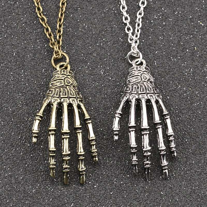 Skull Hand Necklace Skeleton Bone Claw Gothic Punk Vintage Antique Bronze Silver
