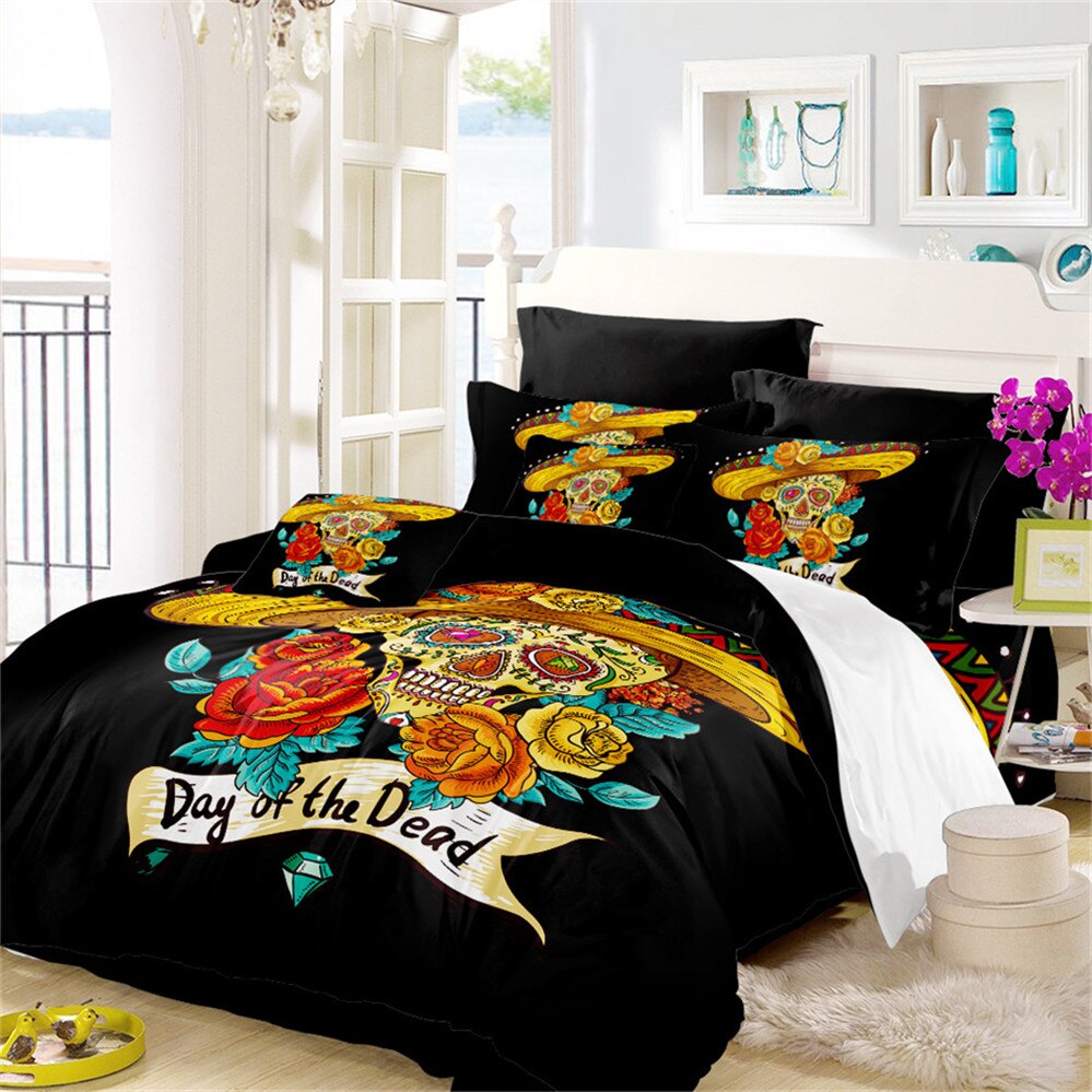 Tribal Sugar Skull Bedding Set Golden Flowers Print Duvet Cover