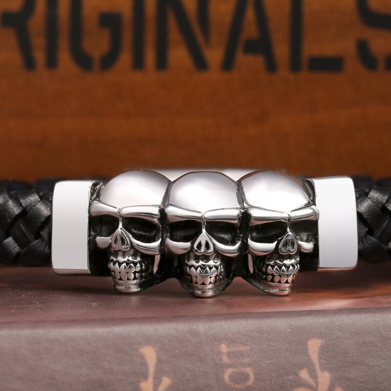 Stainless Steel Leather Bracelets & Bangles Double Black
