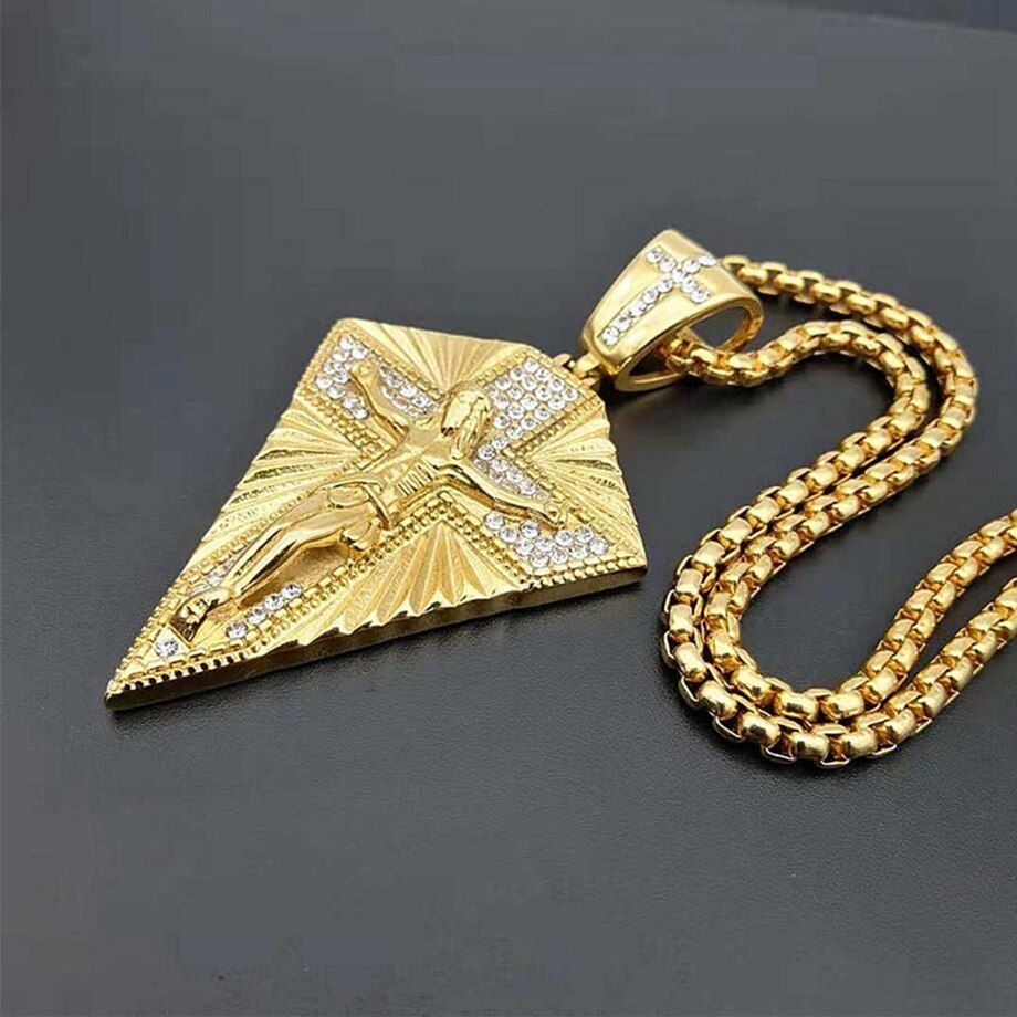 Men's Necklace Big Jesus Cross Pendant & Chain Mens Gold