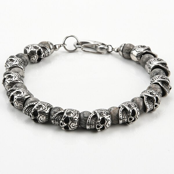 Natural Stone Skull Beads Bracelet Men Gothic Gold Stainless Steel