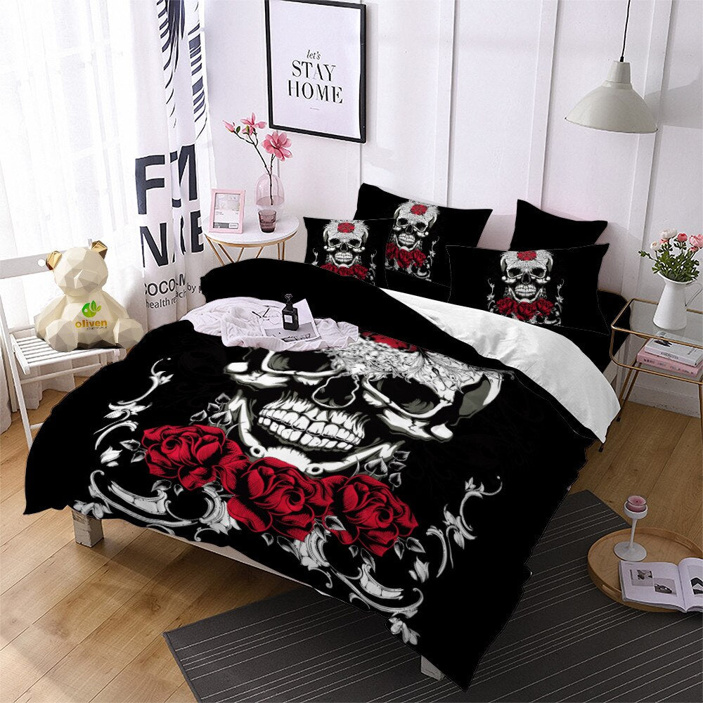 Girls Sugar Skull Bedding Set Red Rose Flowers Print Duvet Cover