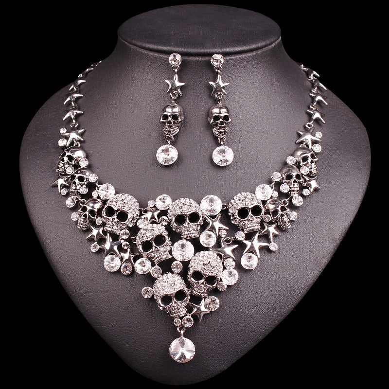 Vintage Crystal Skull Jewelry Sets Punk Statement Necklace Earrings Retro Skeleton
