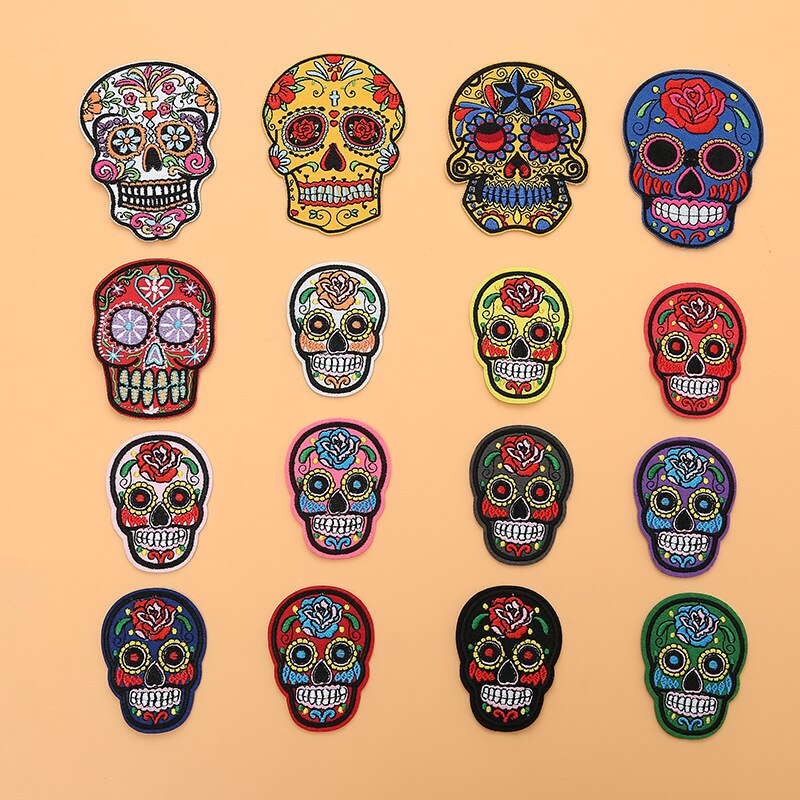 Embroidered Patches Sugar Skull Patch Mexico Day of the Dead Iron On Fabric Badges DIY Sewing Applique for Jackets Jeans