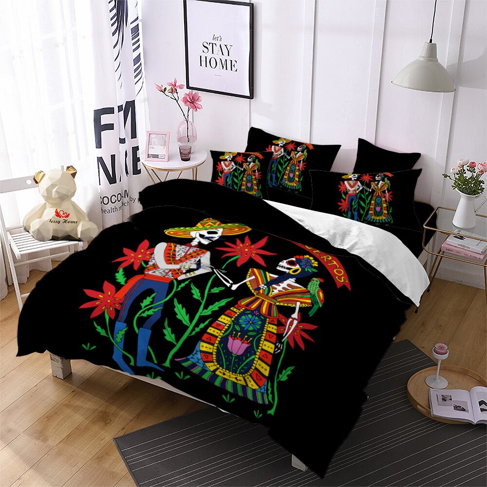 Exotic Couple Skeleton Bedding Set Colorful Floral Duvet Cover Sugar Skull