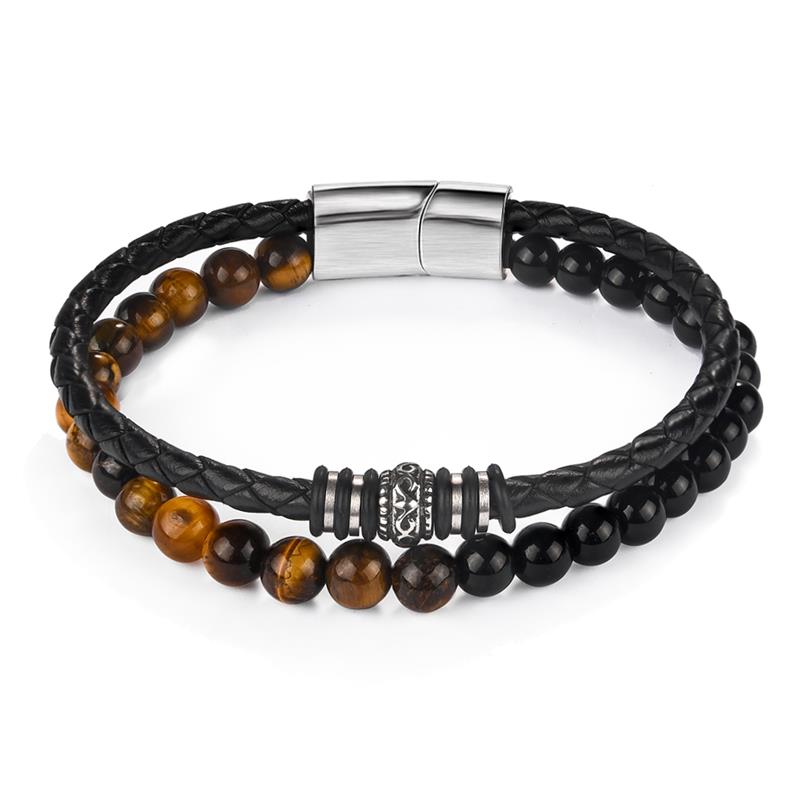 Charm Beads Leather Bracelet For Mens Jewelry Stainless Steel