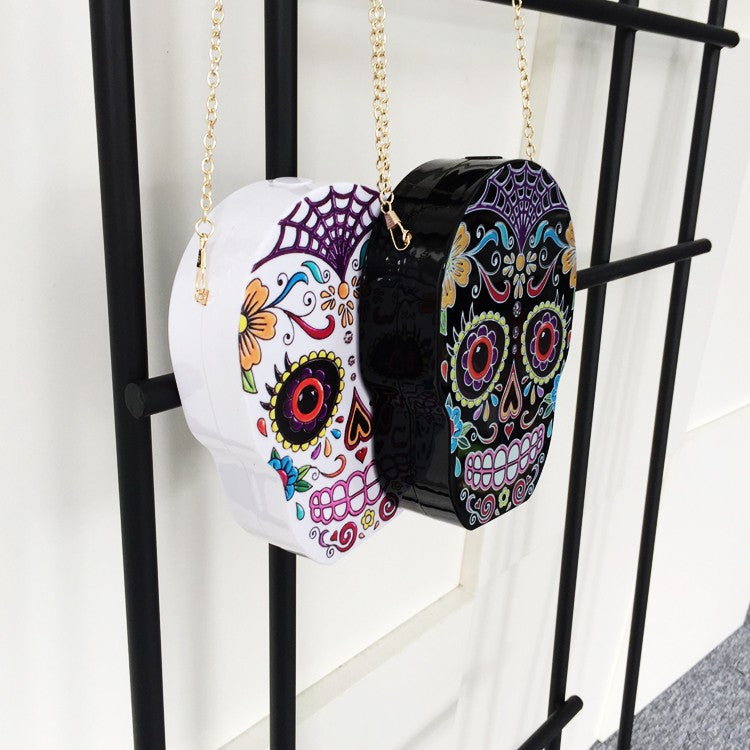 New arrival fashion personality skull pattern painted black & white acrylic Party Clutch shoulder bag ladies handbag flap purse